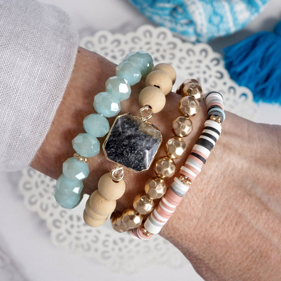 Boho Beaded Bracelets Set Semi Precious Center Stone Wood Glass Clay Beads Aqua Blue Gray andandGold tone