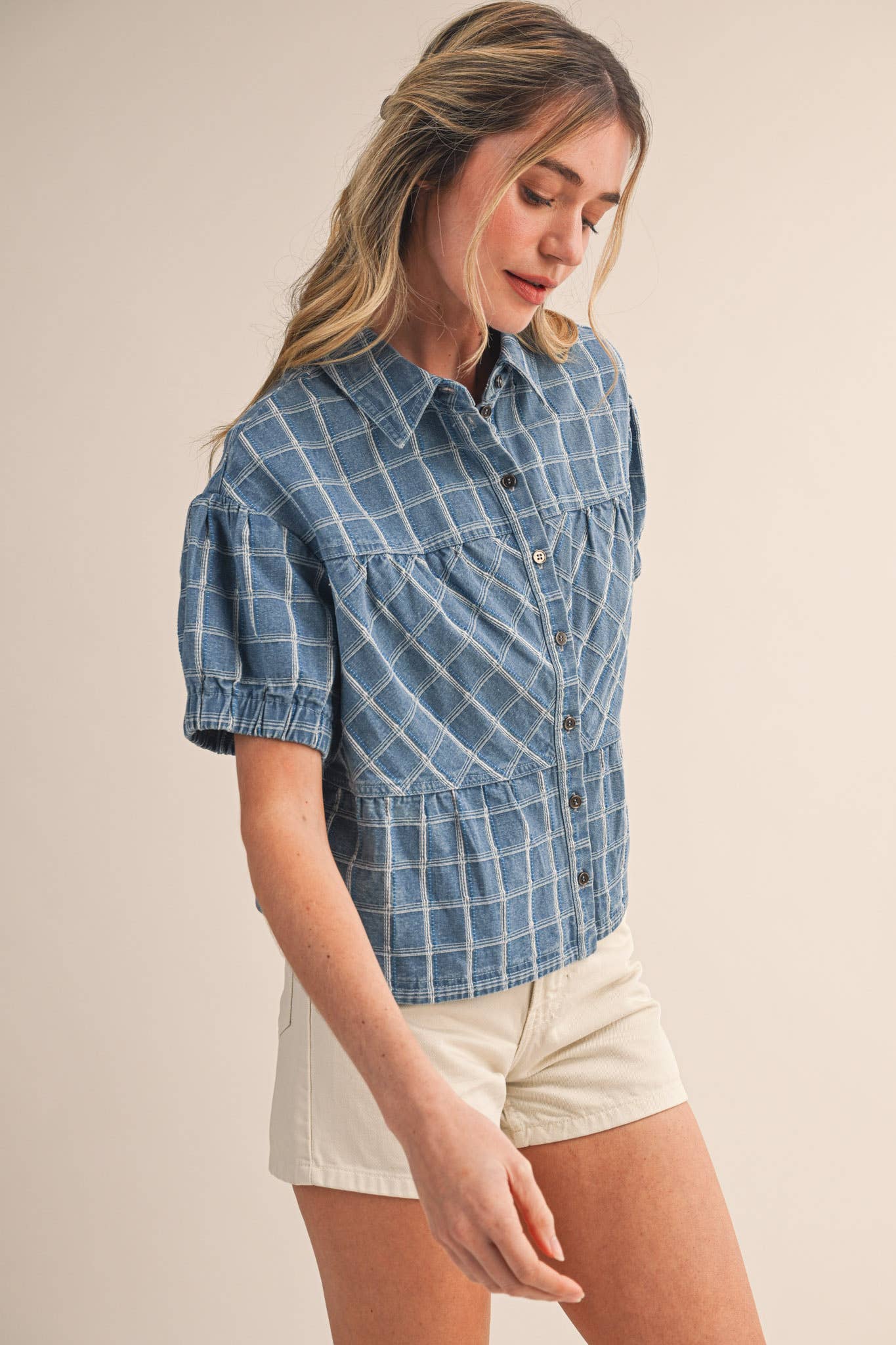 Checkered Denim Button Down Top