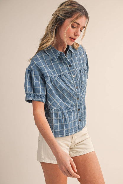 Checkered Denim Button Down Top