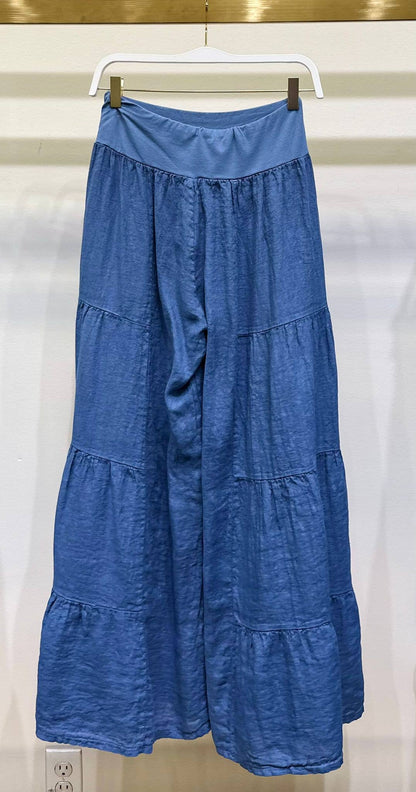 Denim Blue Linen Tiered Palazzo Pants