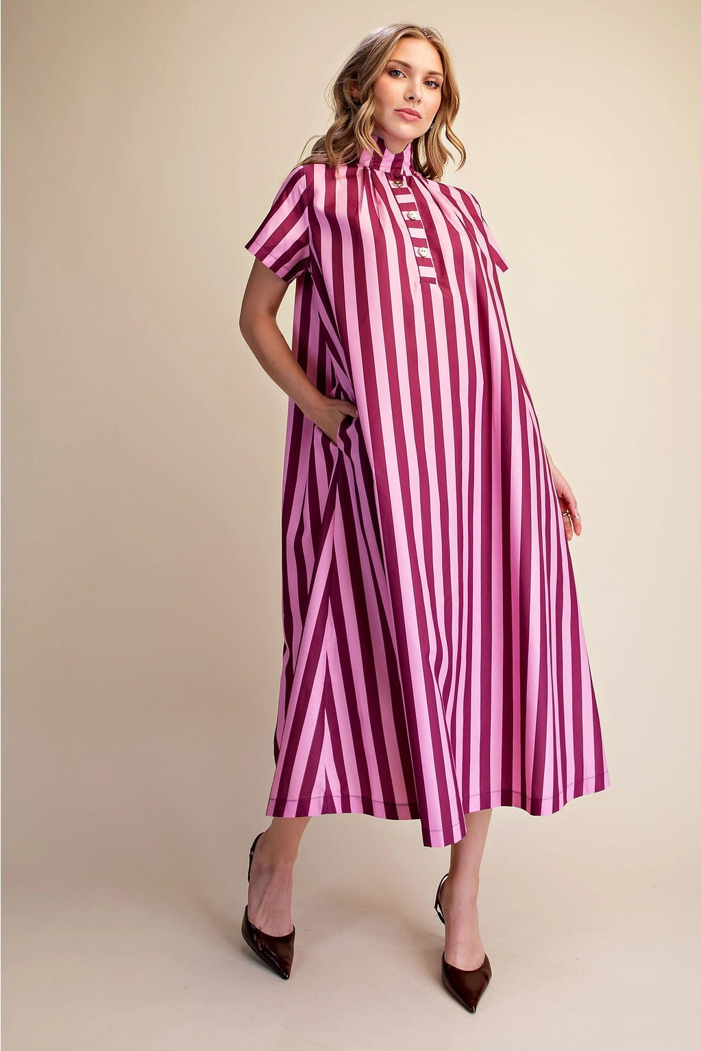 Striped Stand High-Neck Midi Dress