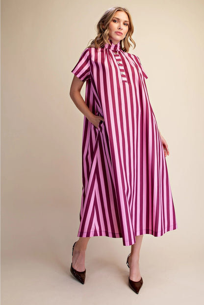 Striped Stand High-Neck Midi Dress