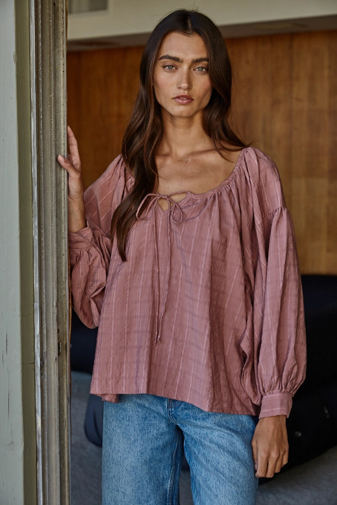 Woven Scoop Neck Long Sleeve Blouse