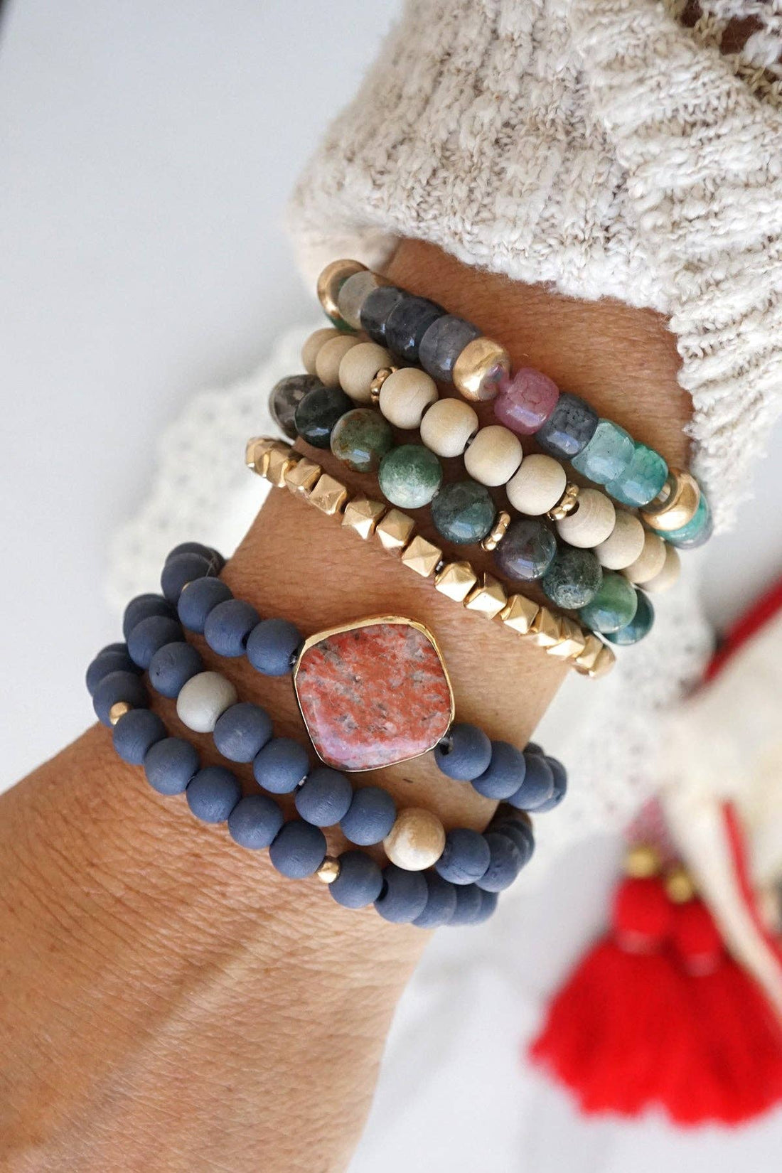 Boho Bracelets Stack Blue Red Beaded bracelets Semi Precious