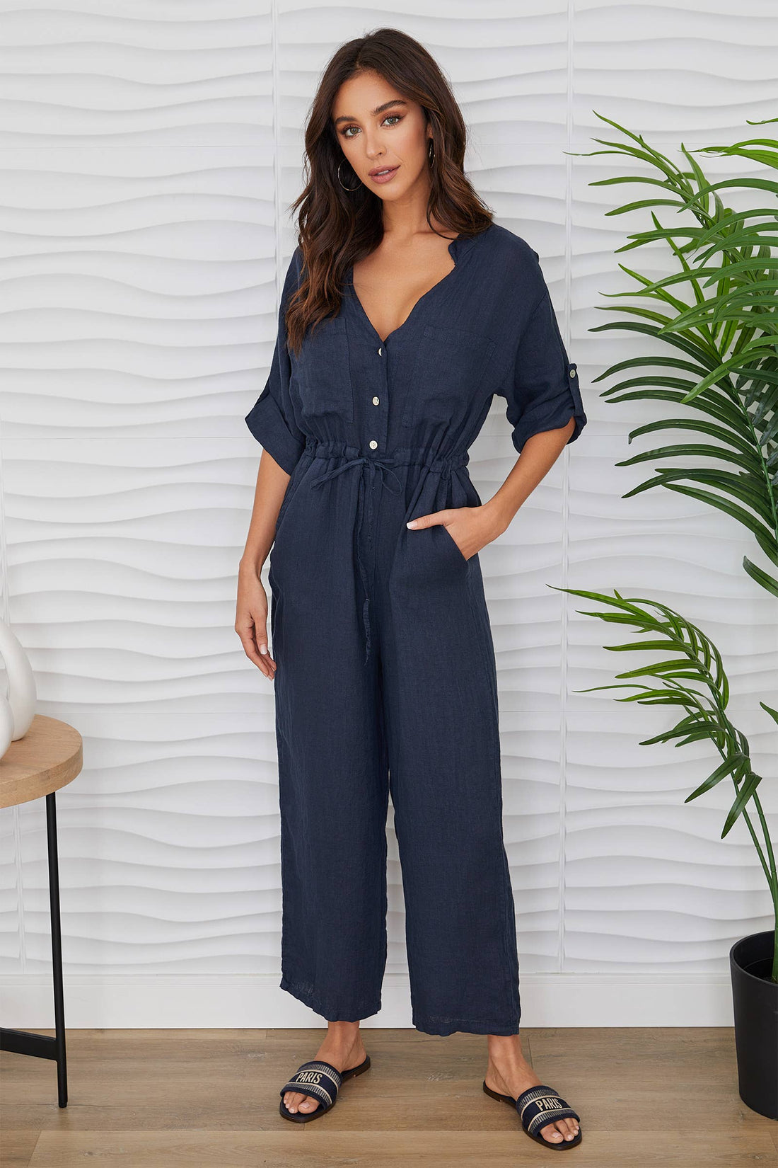 Italian Linen Long Sleeve Jumpsuit With Drawstring Waist
