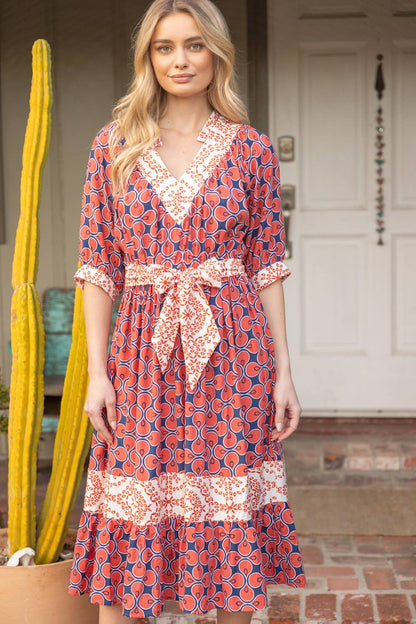 Mixed Print Waist Tie Dress