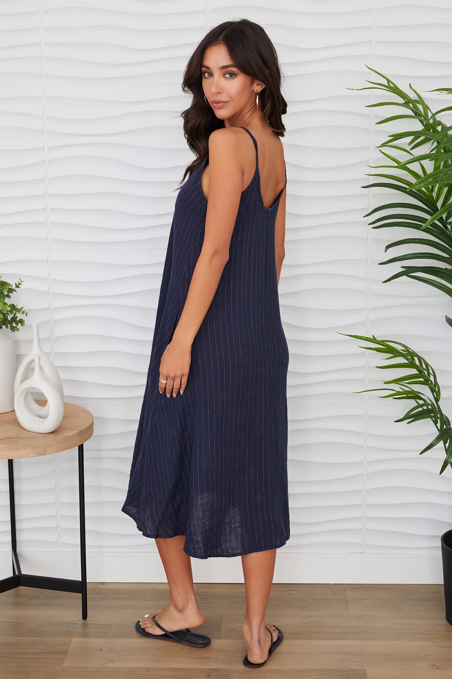 Spaghetti Strap Pinstripe Linen Maxi Dress