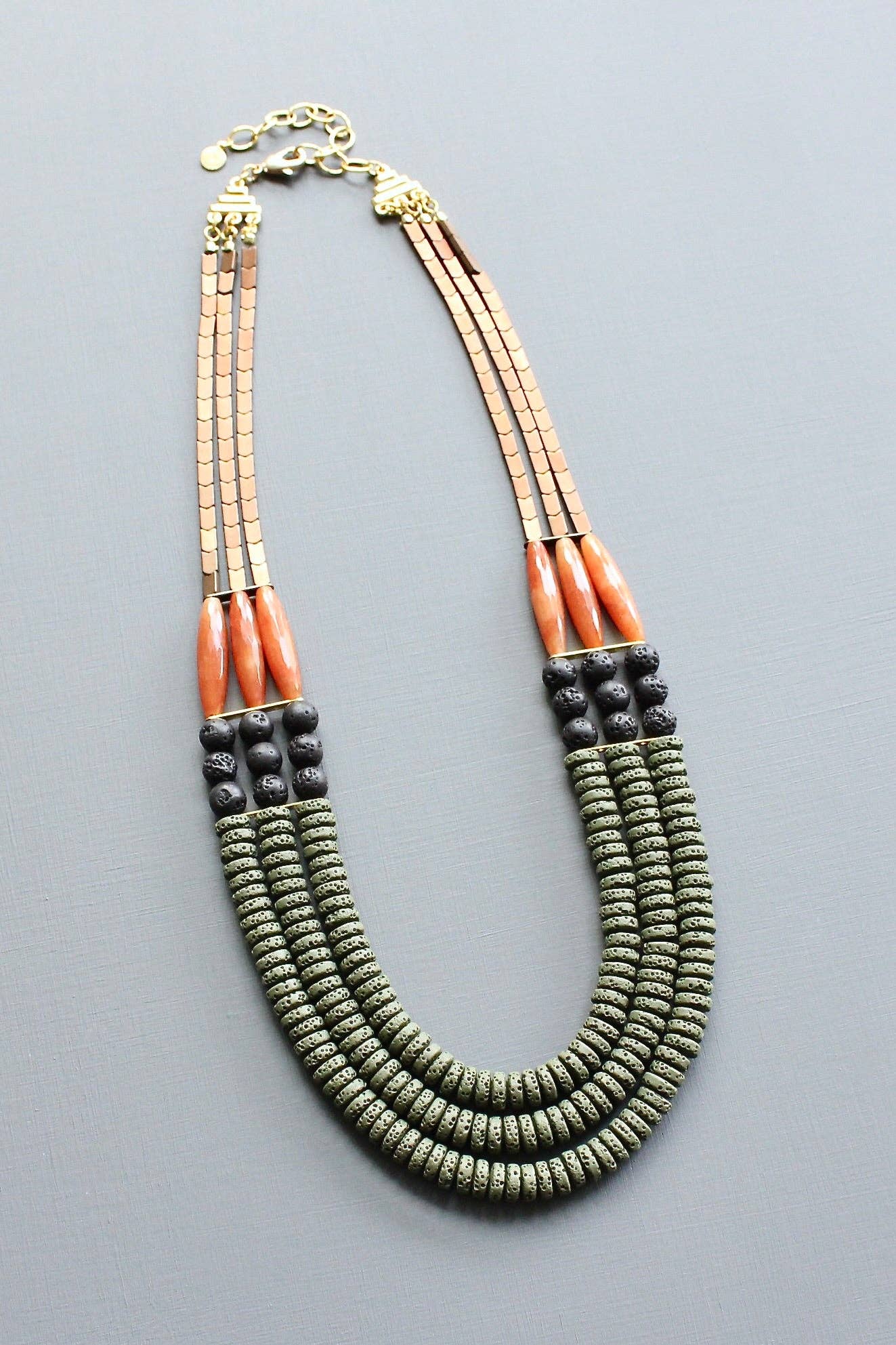 LEX221 Triple strand moss, jet, and carnelian necklace