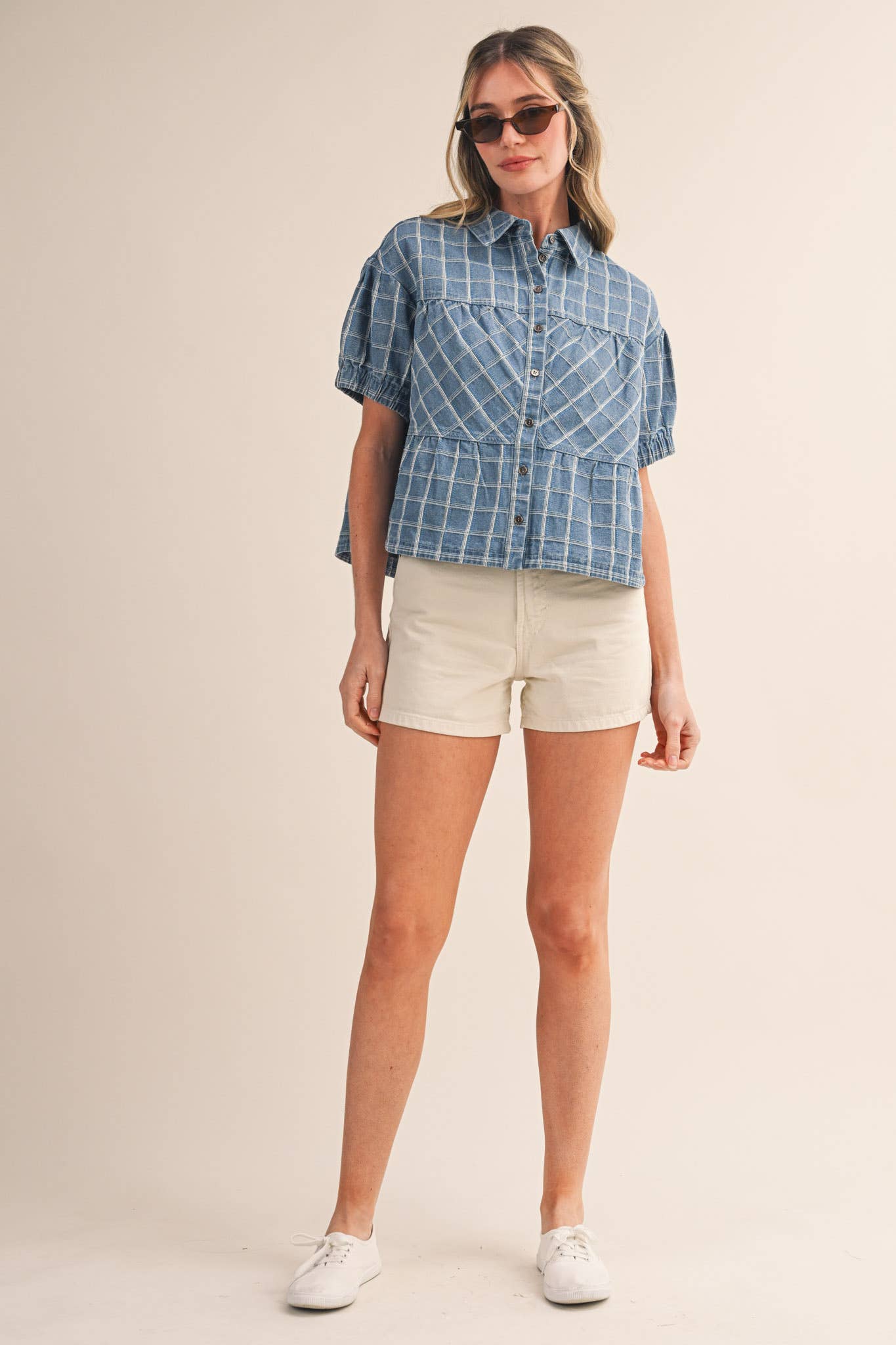 Checkered Denim Button Down Top