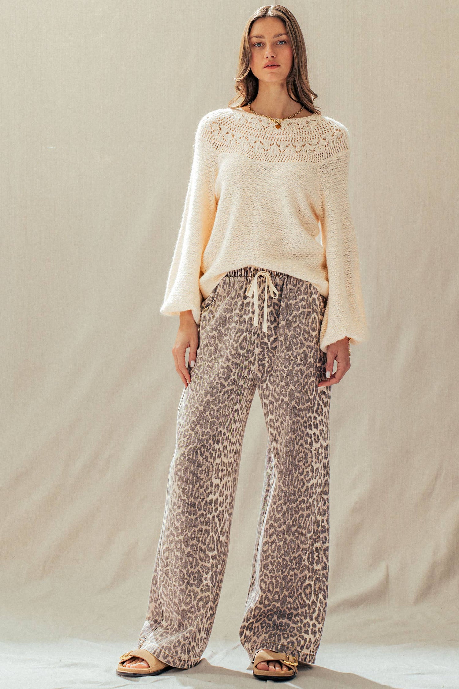 Leopard Print Wide Leg Cotton Pants