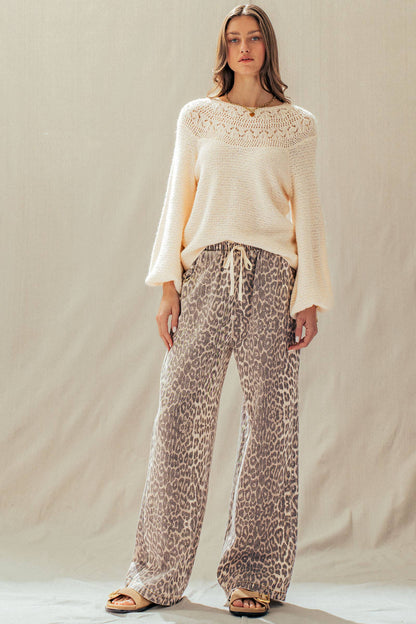 Leopard Print Wide Leg Cotton Pants