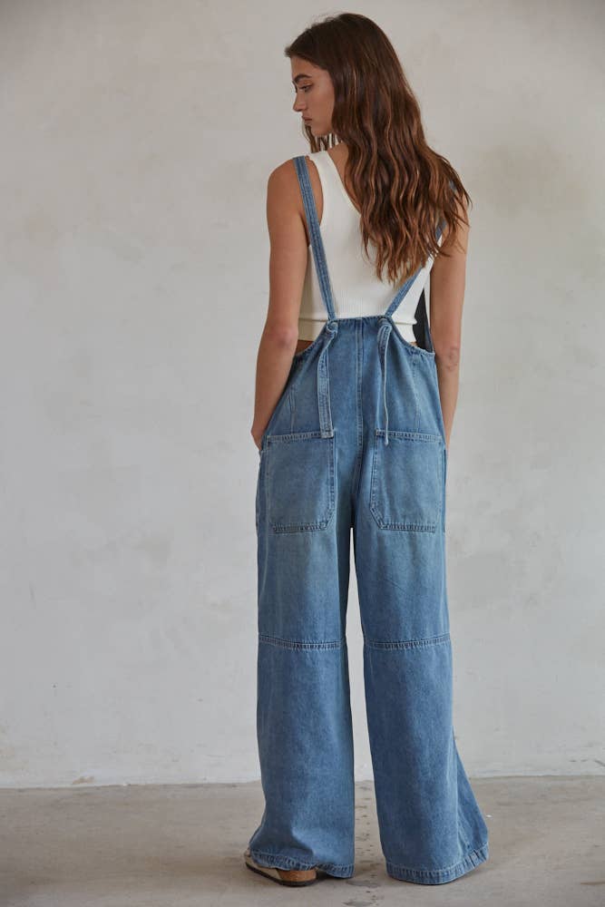 Denim Square Neck Button-Down Wide Leg Overalls
