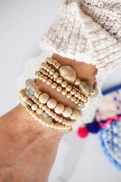 Beaded Bracelets stack of 4 piece with Natural Wood and Semi
