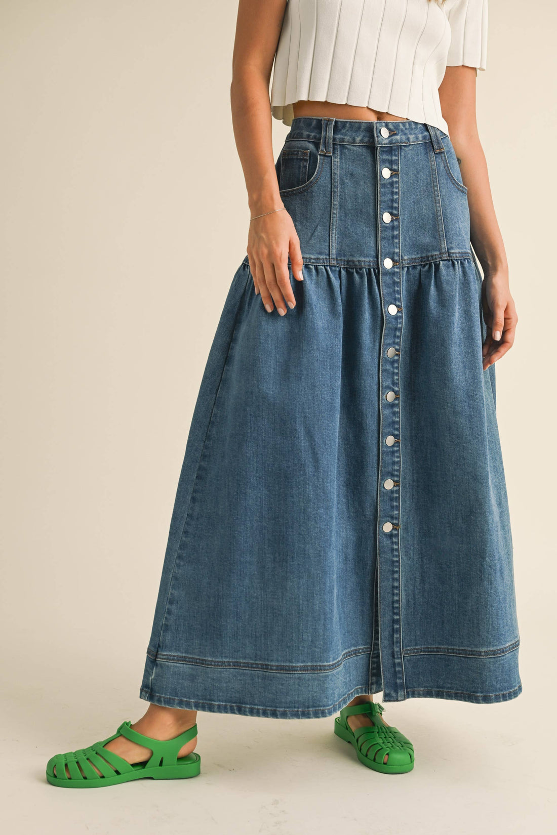 Button Down Bohemian Denim Skirt
