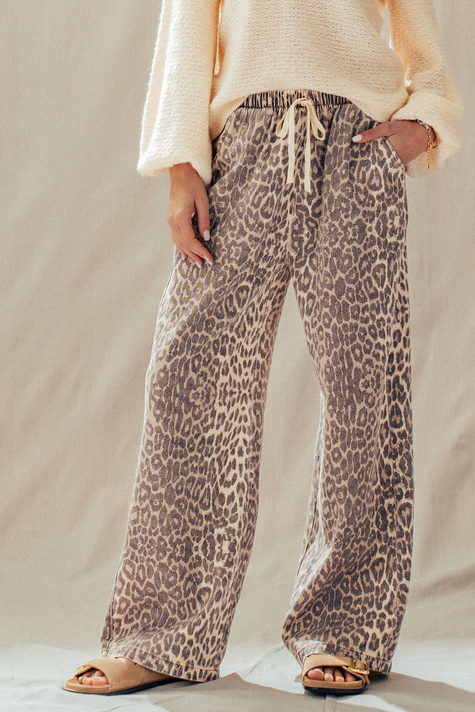 Leopard Print Wide Leg Cotton Pants