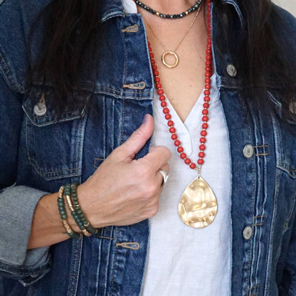 Long Wooden Bead Necklace with gold teardrop-Olive Green