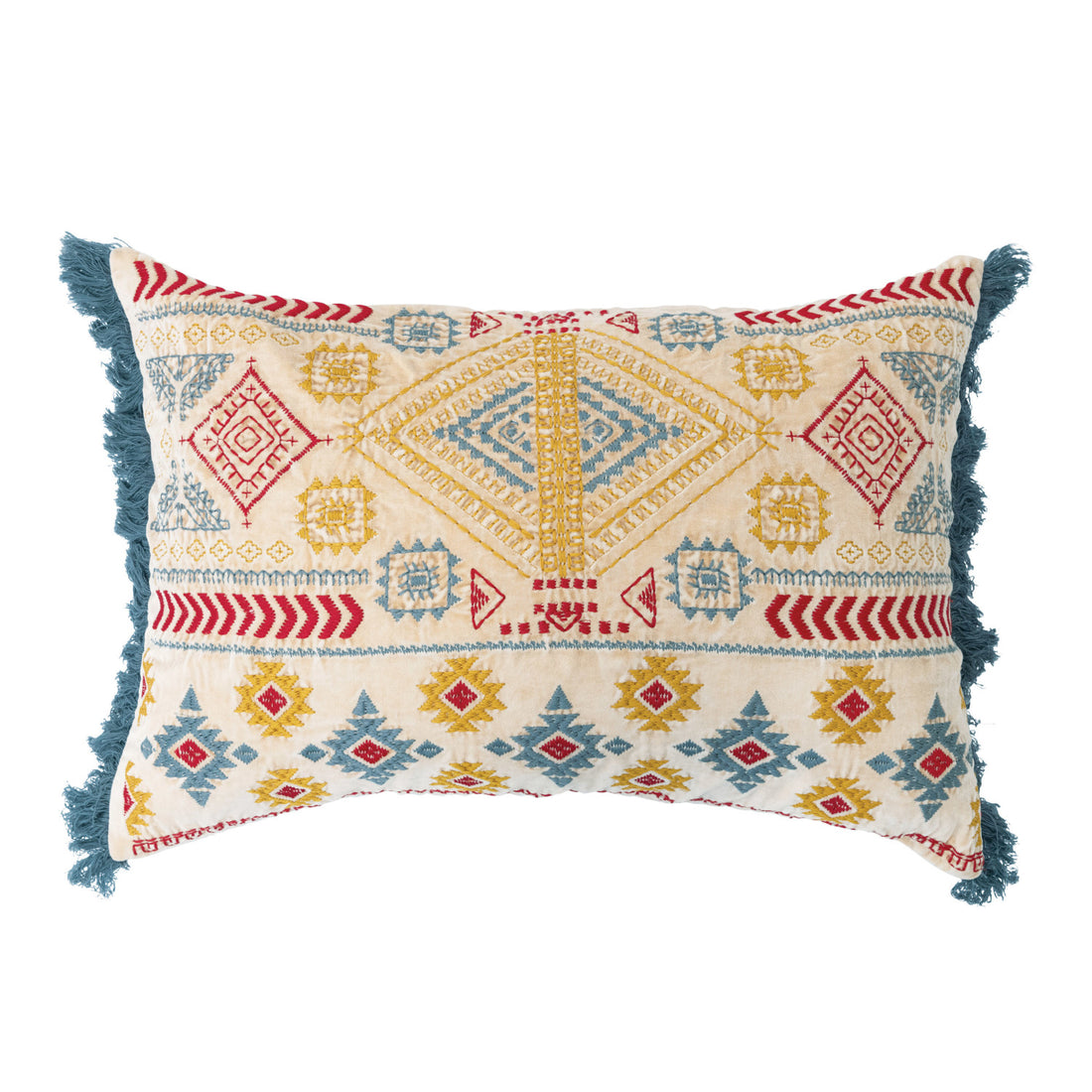 24&quot; x 16&quot; Cotton Velvet Embroidered Lumbar Pillow w/ Chambray Back &amp; Fringe, Polyester Fill