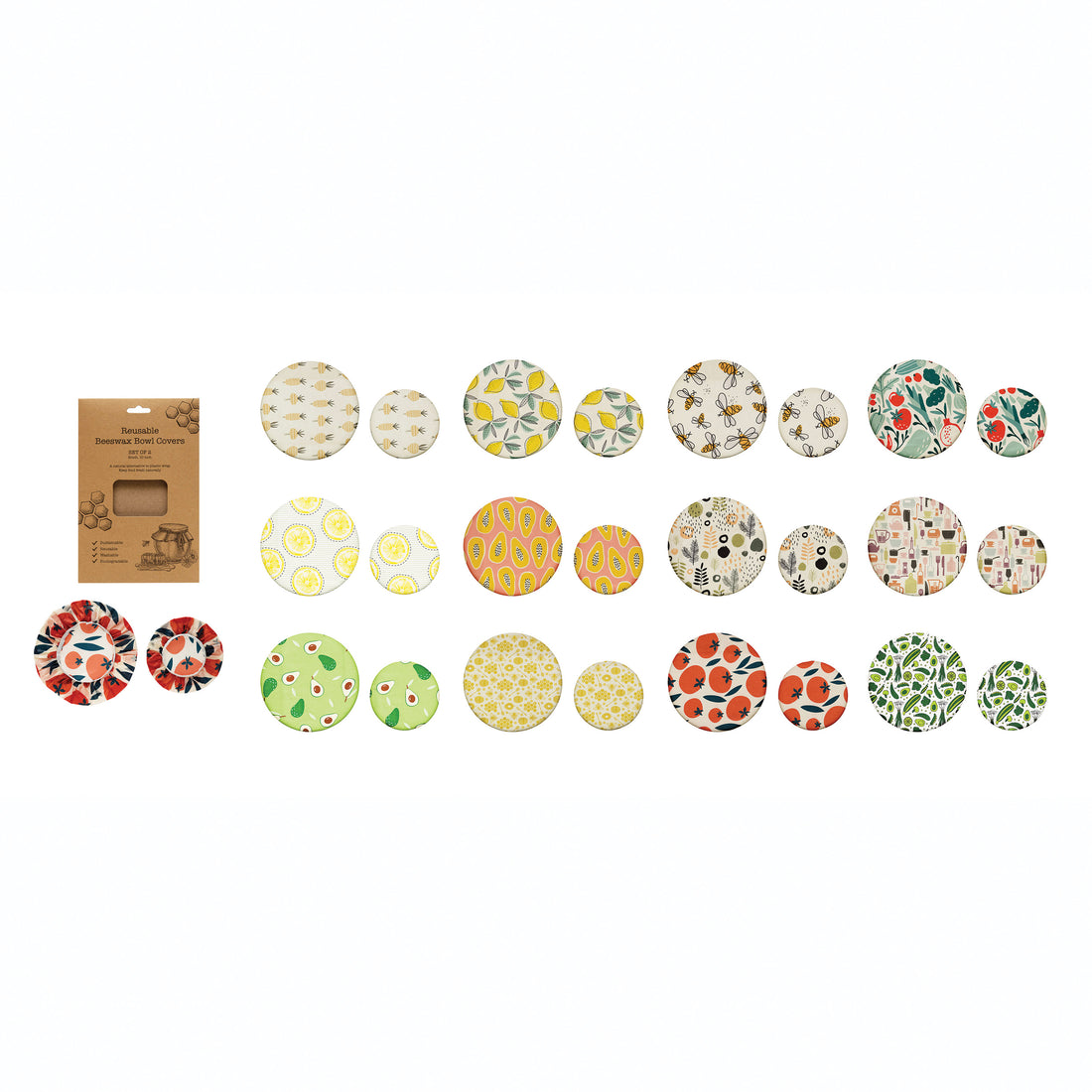 Reusable Fabric Beeswax Food Covers with Prints, Set of 2, 12 Styles