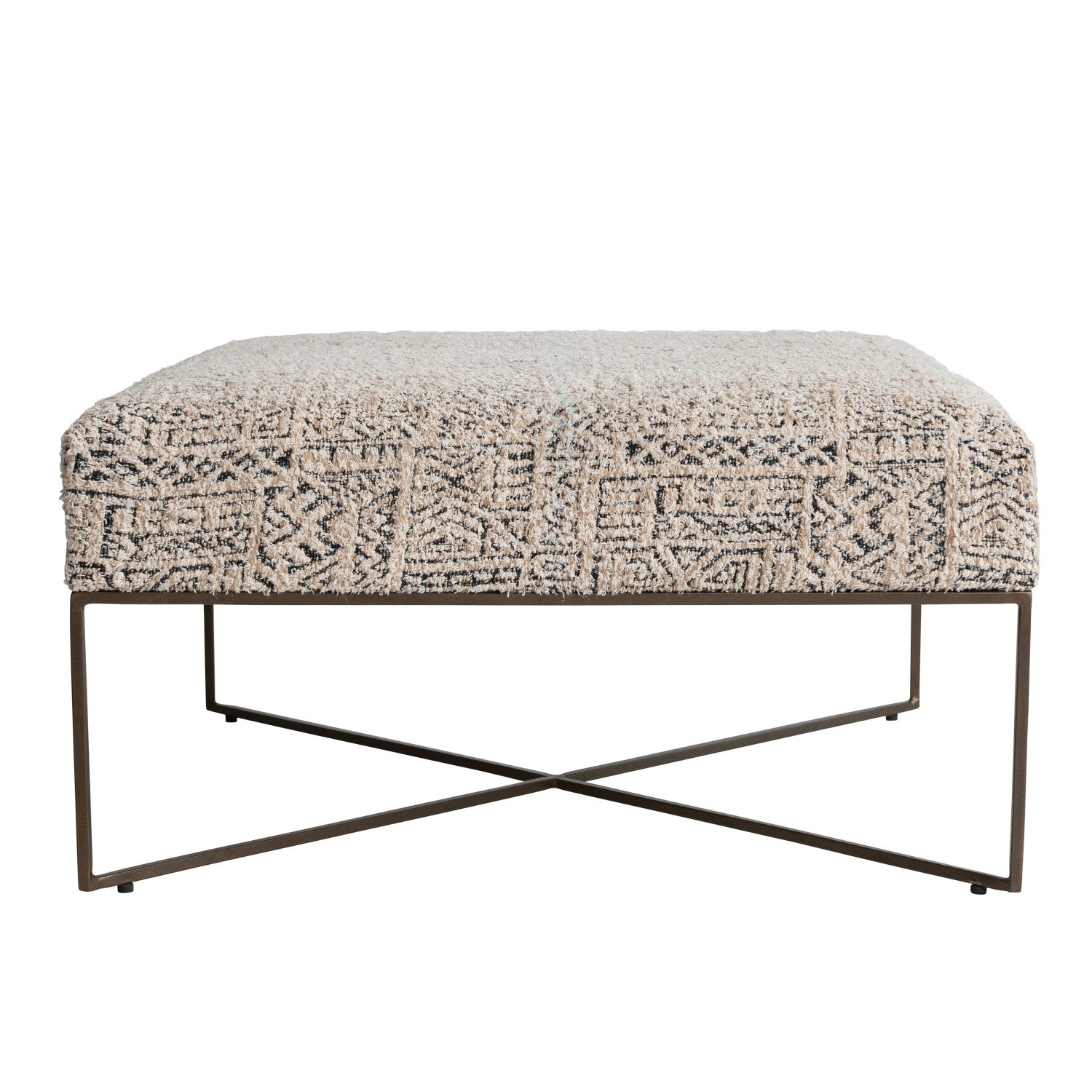 Metal &amp; Woven Damask Upholstered Ottoman, Antique Brass Finish
