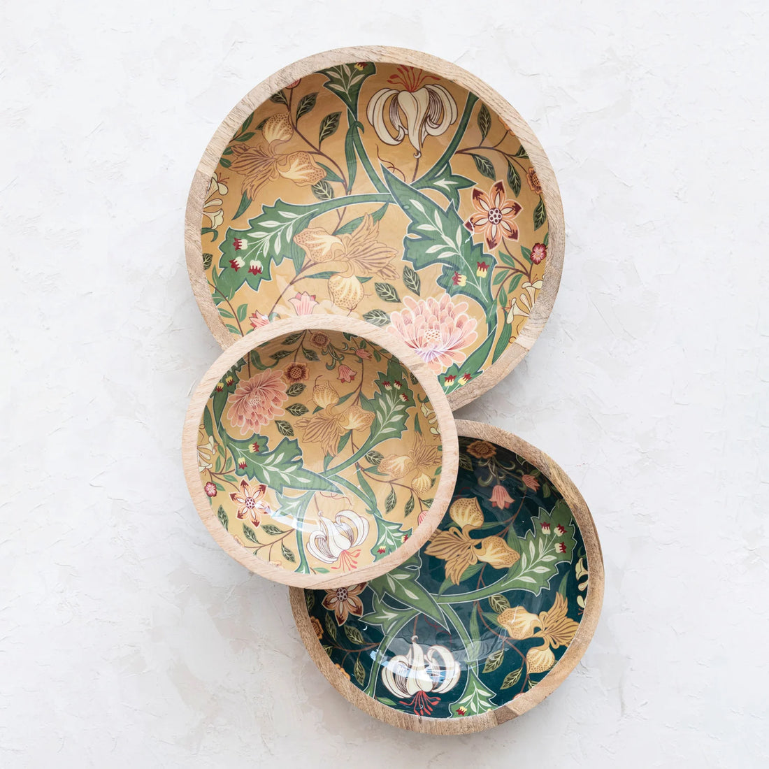 Decorative Enameled Mango Wood Bowls w/ Floral Design, Multi Color