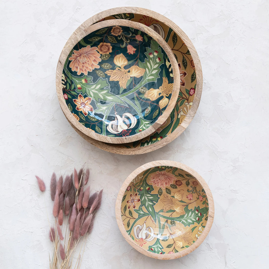 Decorative Enameled Mango Wood Bowls w/ Floral Design, Multi Color