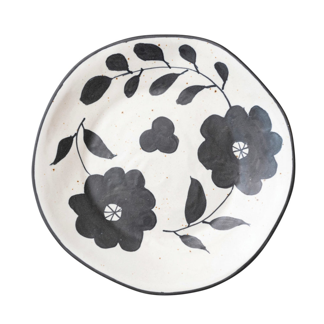 Hand-Painted Stoneware Plate w/ Floral Design, Matte Black &amp; Cream Color Speckled