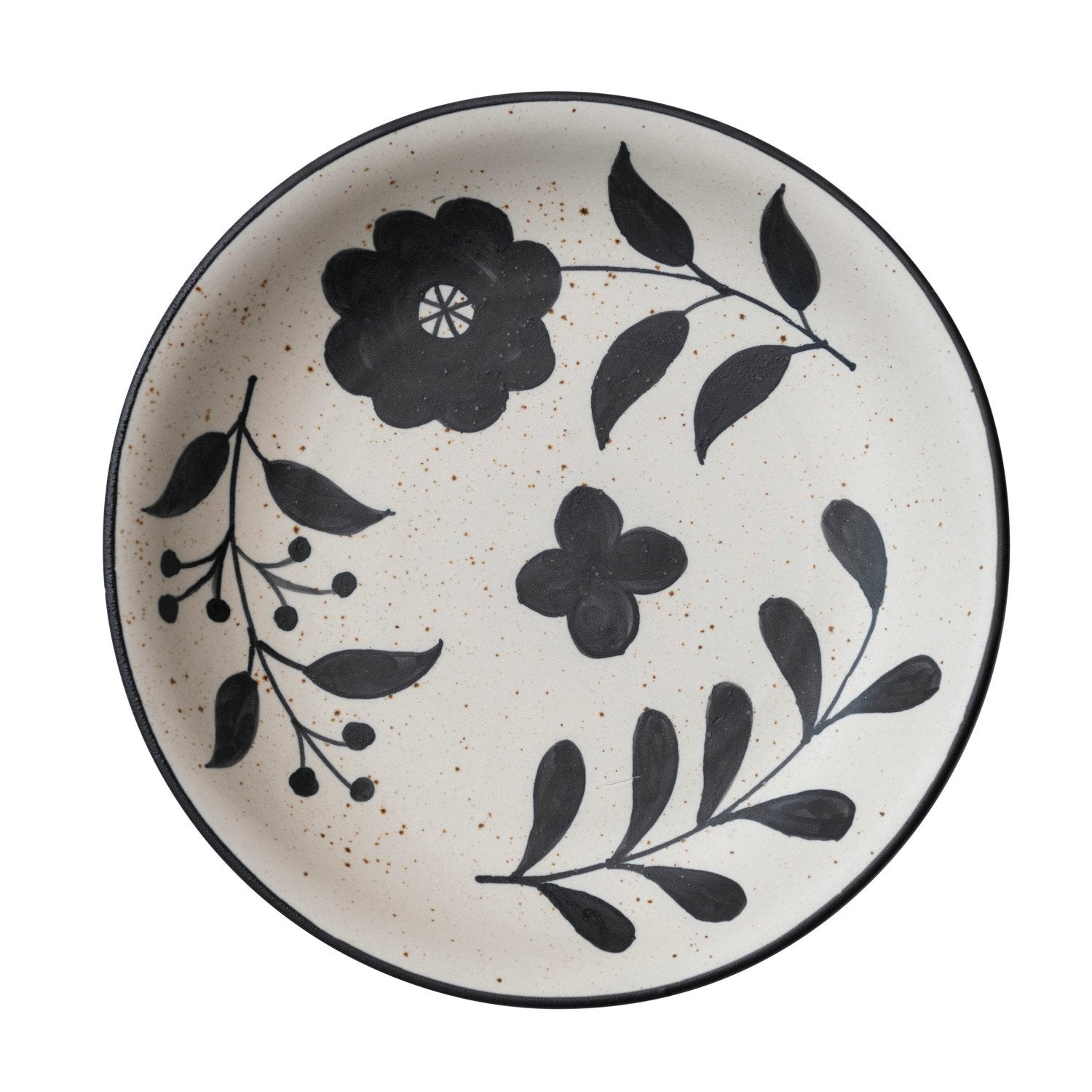 Hand-Painted Stoneware Bowl w/ Floral Design, Matte Black &amp; Cream Color Speckled