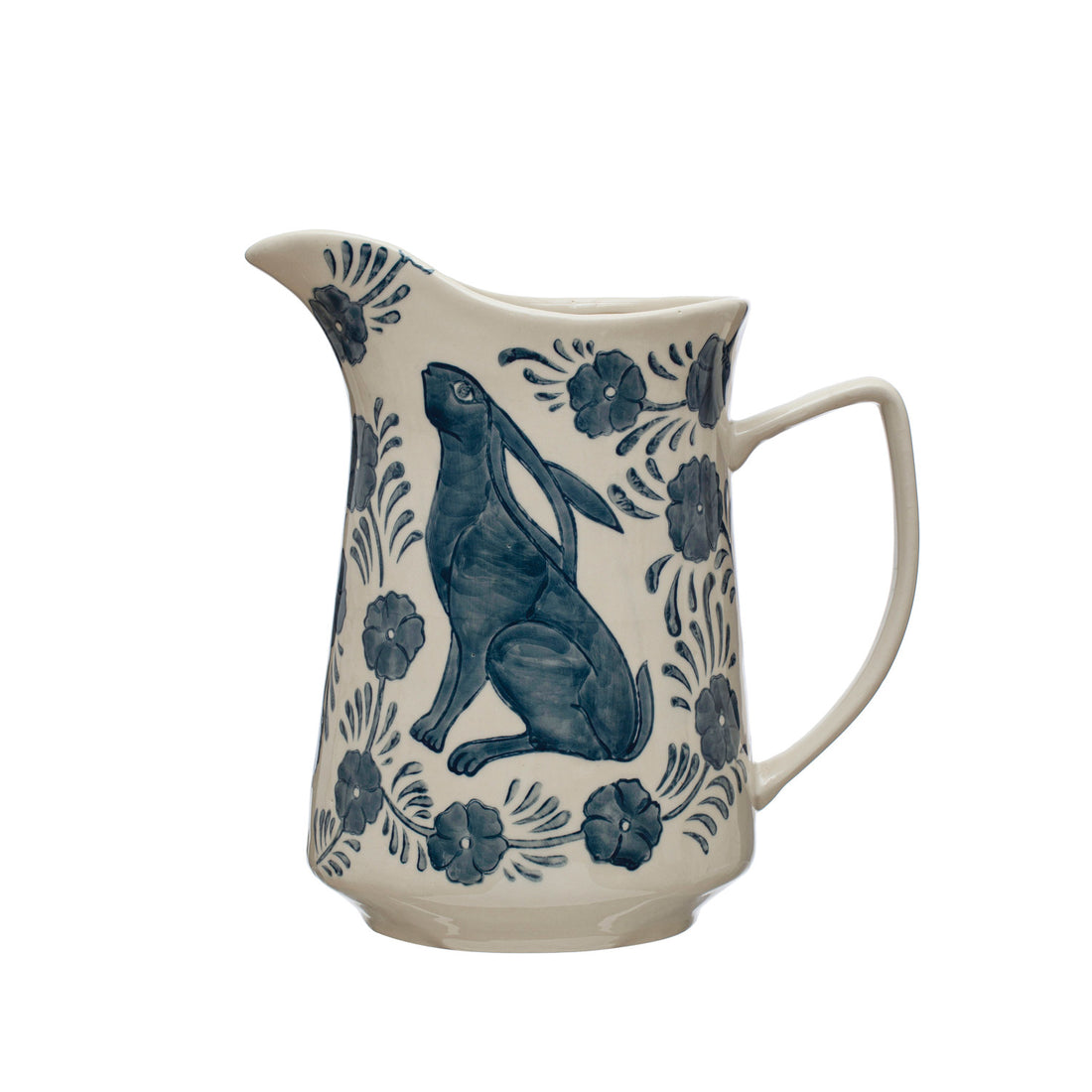 3 Quart Hand-Painted Stoneware Pitcher w/ Rabbit &amp; Flowers, Blue &amp; White ©