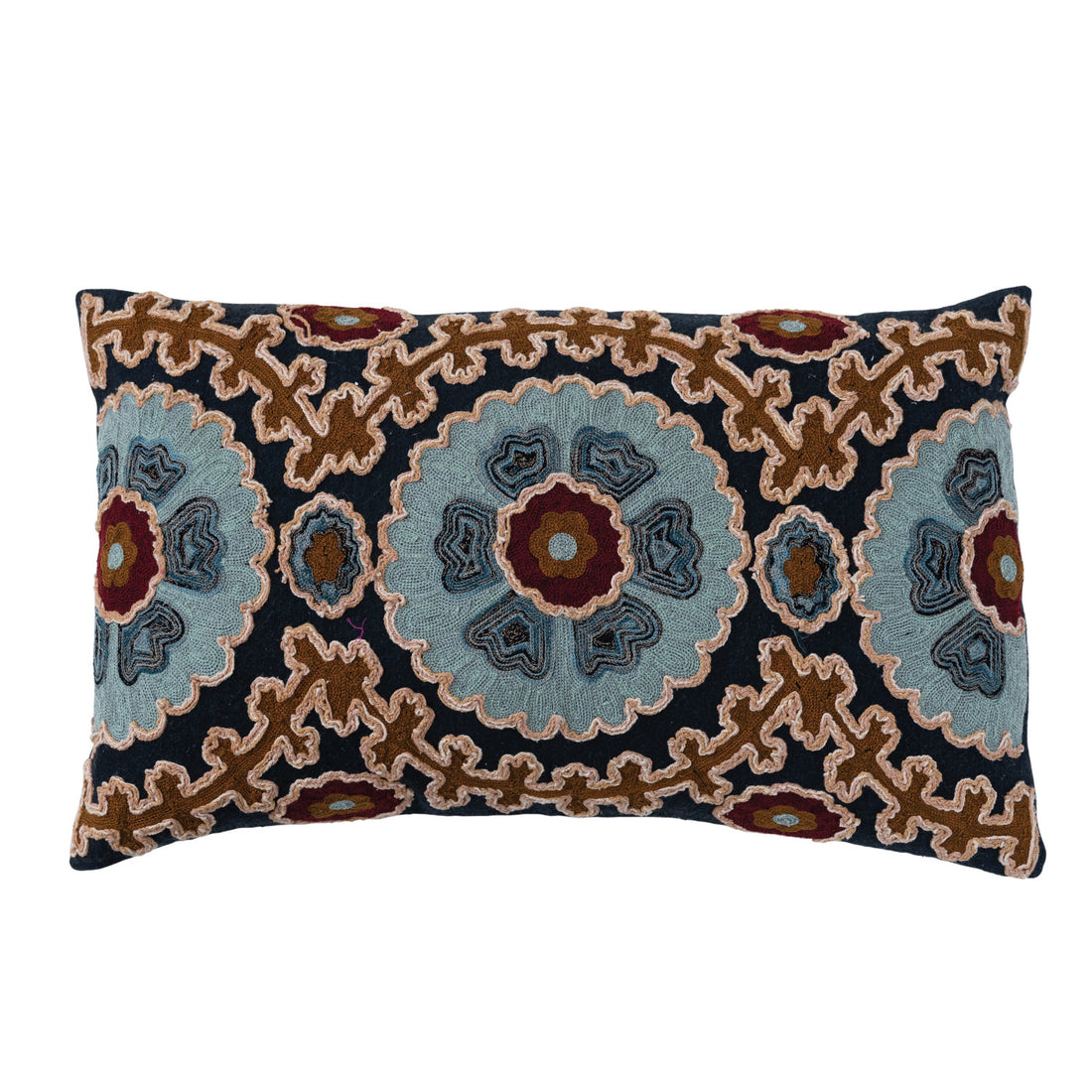 Cotton Slub Embroidered Lumbar Pillow w/ Design &amp; Chambray Back, Polyester Fill