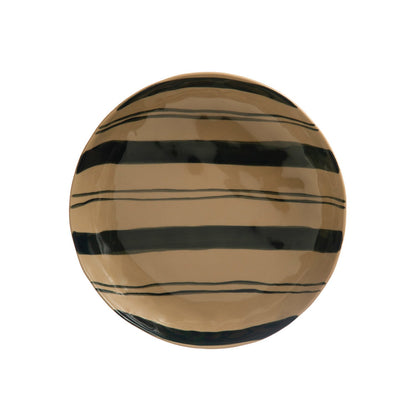 Hand-Painted Stoneware Serving Bowl w/ Stripes, Midnight Blue &amp; Cream Color