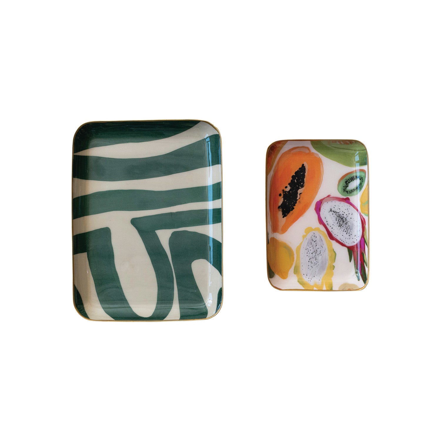 Enameled Metal Trays w/ Fruit/Abstract Image &amp; Gold Rim, Set of 2