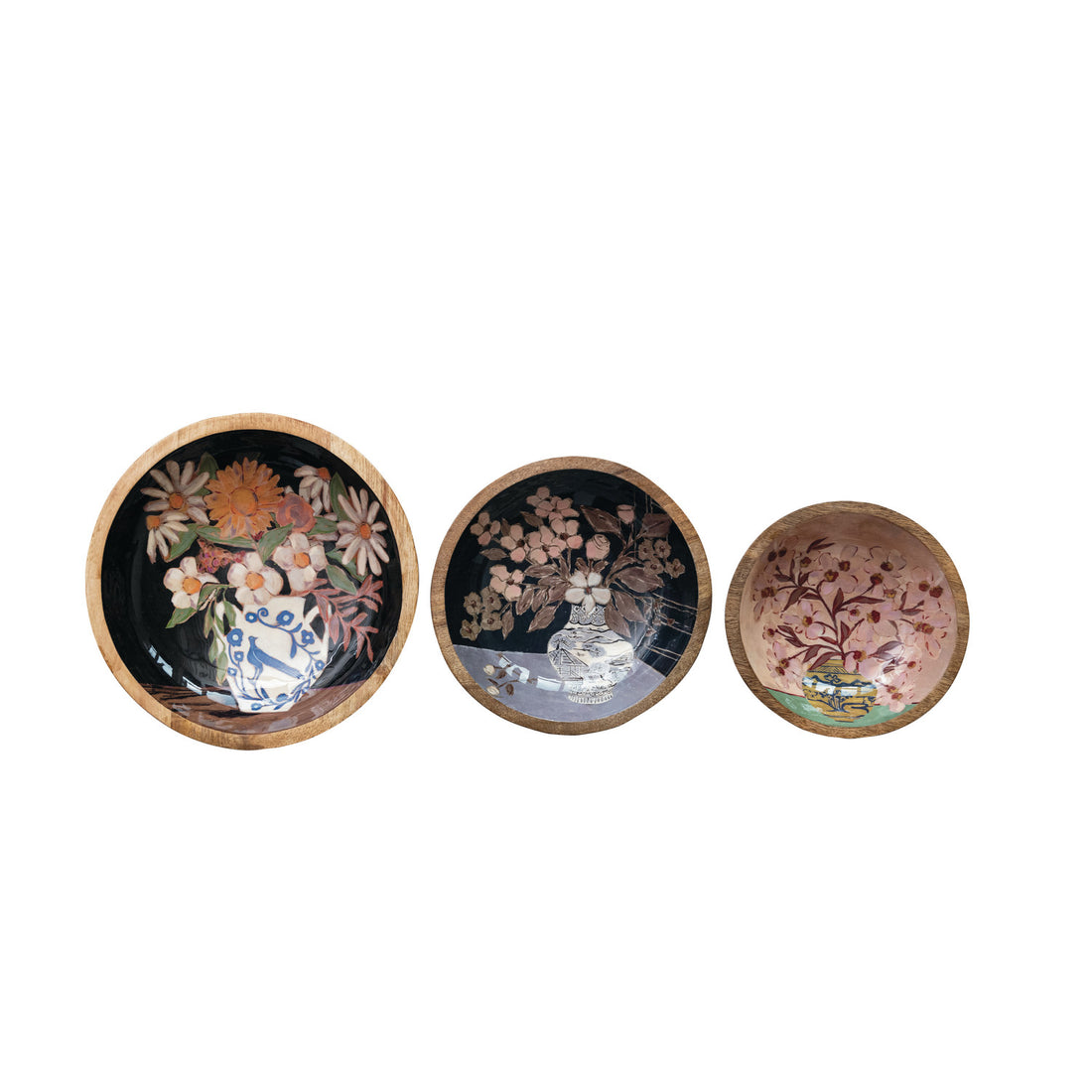 Enameled Mango Wood Bowls w/ Flowers in Vase, Set of 3 ©