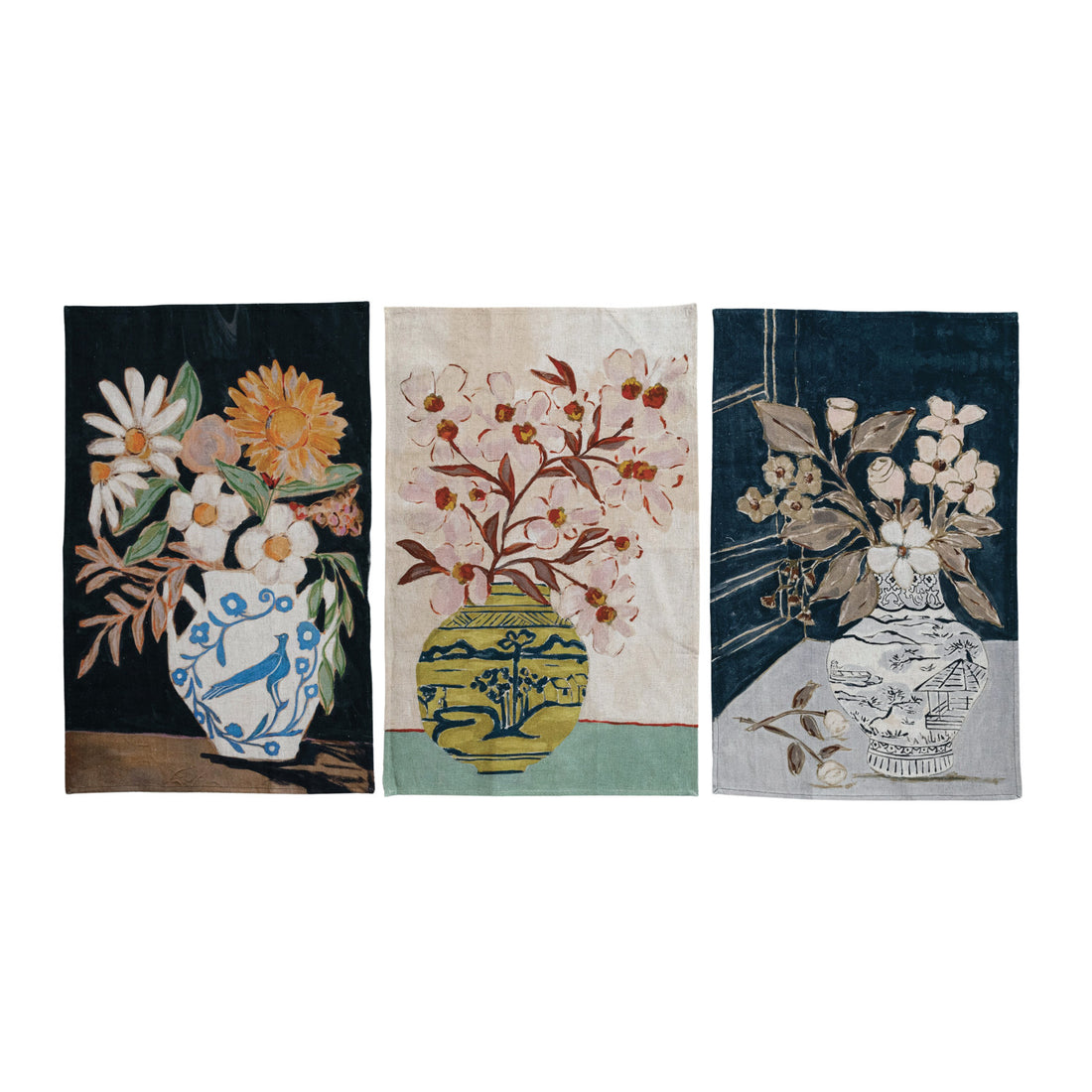 Cotton &amp; Linen Printed Tea Towel w/ Flowers in Vase, 3 Styles ©