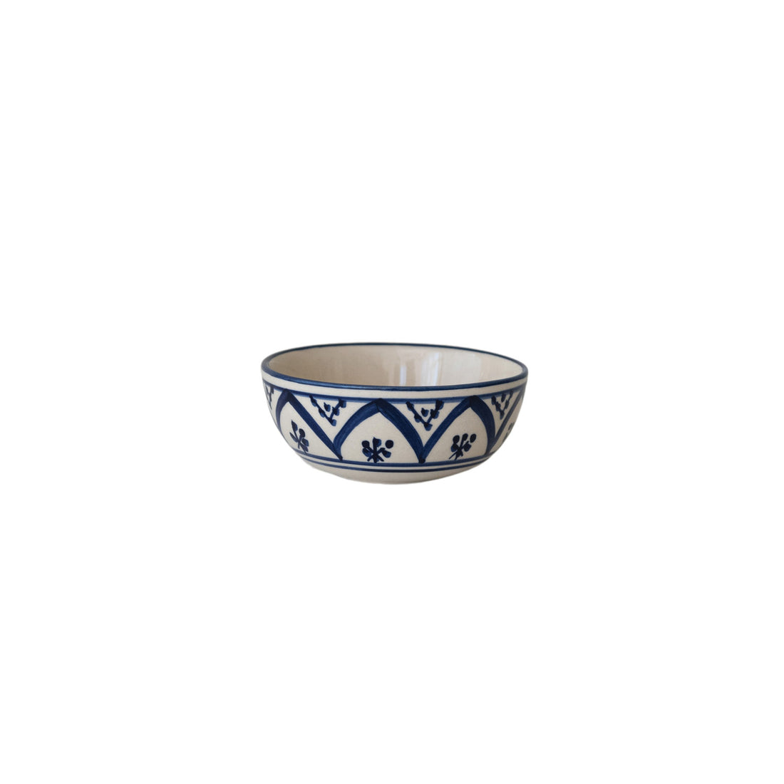 Hand-Painted Stoneware Bowl with Pattern, Cream Color &amp; Blue