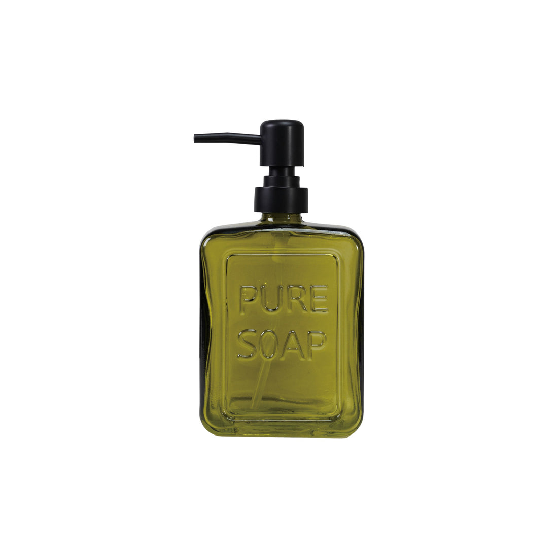Pressed Glass Soap Dispenser with Pump &quot;PURE SOAP&quot;, Olive Color