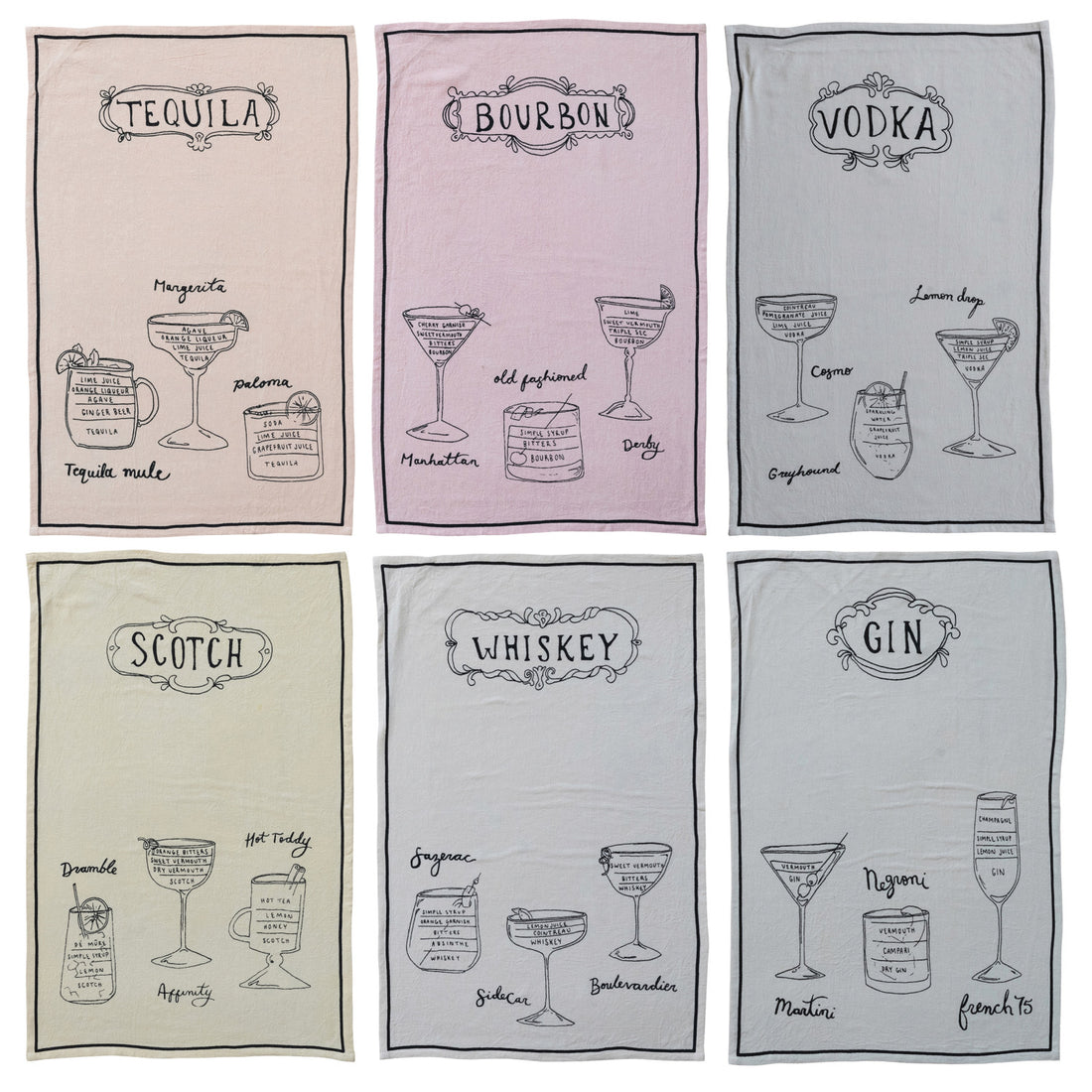 Linen Blend Tea Towel with Cocktail Recipes &amp; Art, 6 Styles