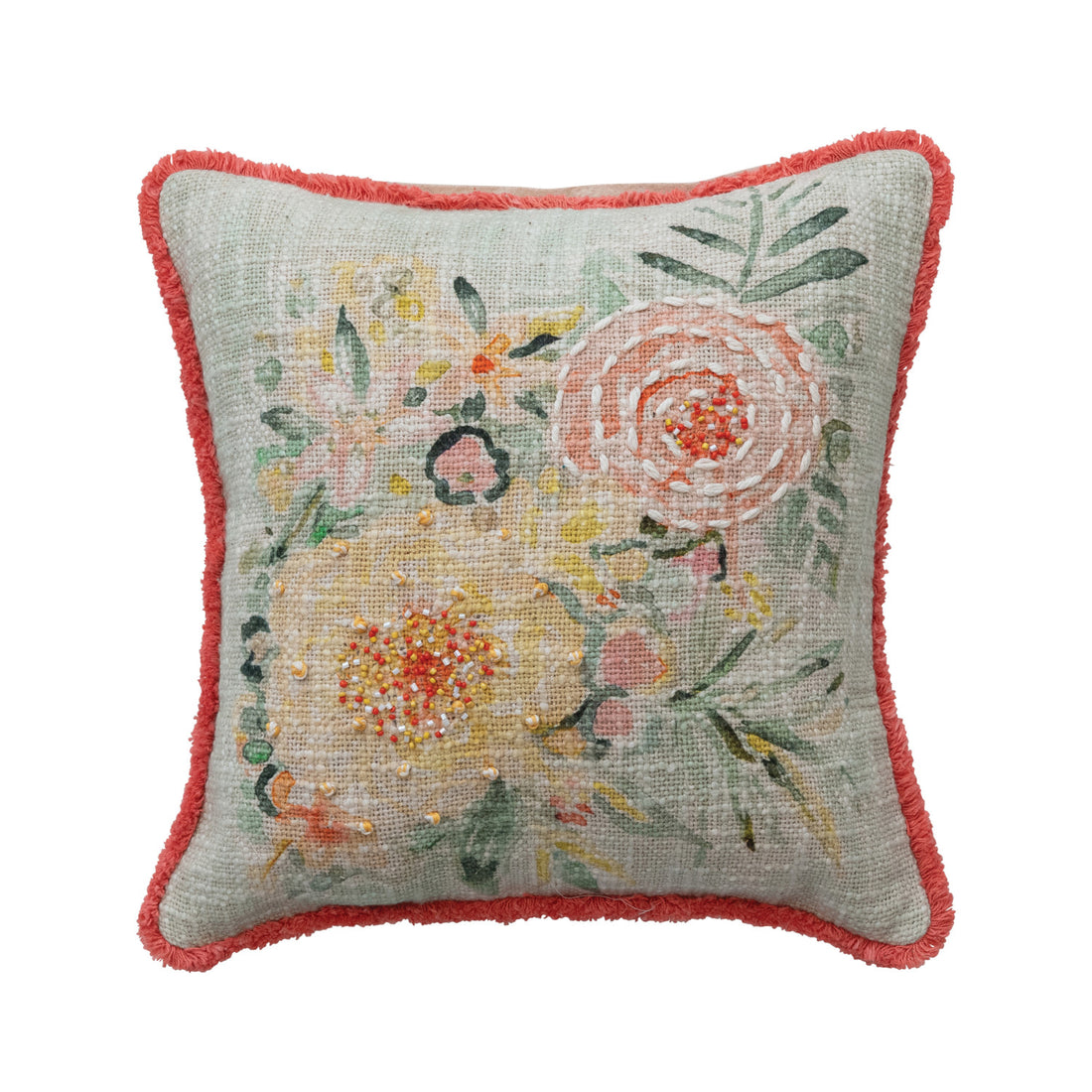 Cotton Slub Pillow with Flowers, Embroidery &amp; Eyelash Fringe