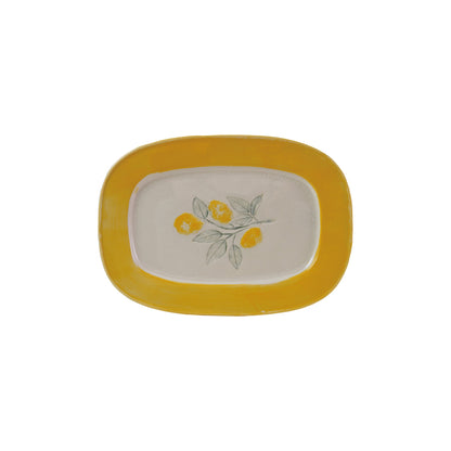 Stoneware Plate with Lemons, Reactive Crackle Glaze (Each Varies)
