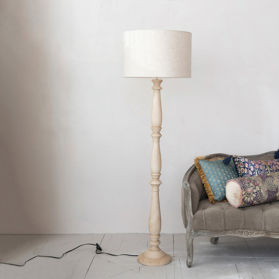 Mango Wood Turned Floor Lamp w/ Cotton Shade