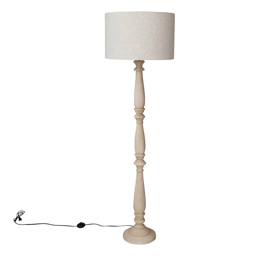 Mango Wood Turned Floor Lamp w/ Cotton Shade