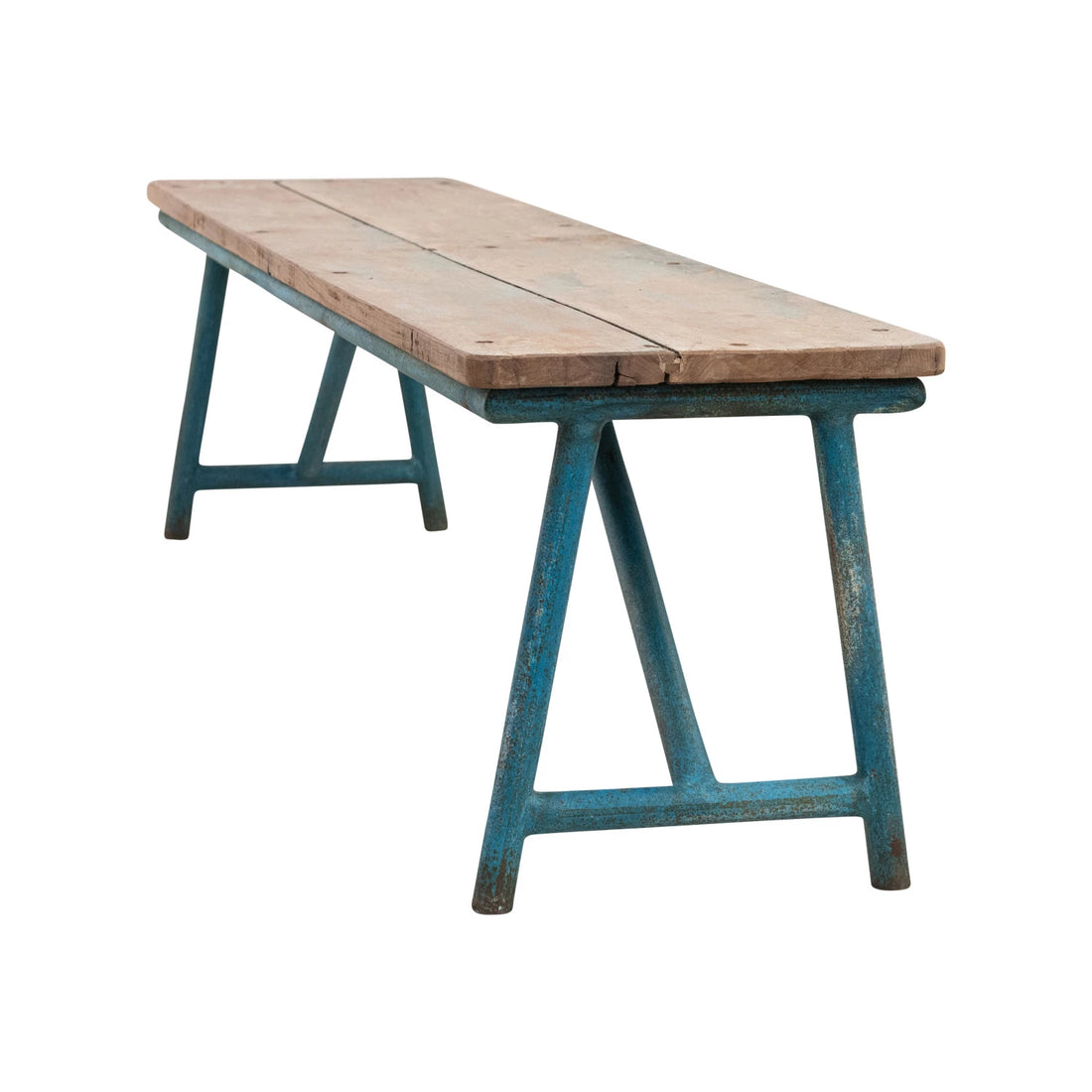 Reclaimed Wood &amp; Metal Bench, Natural &amp; Distressed Blue