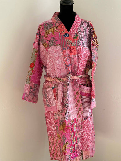 Reversible Pink Quilted Cotton Kimono Robe