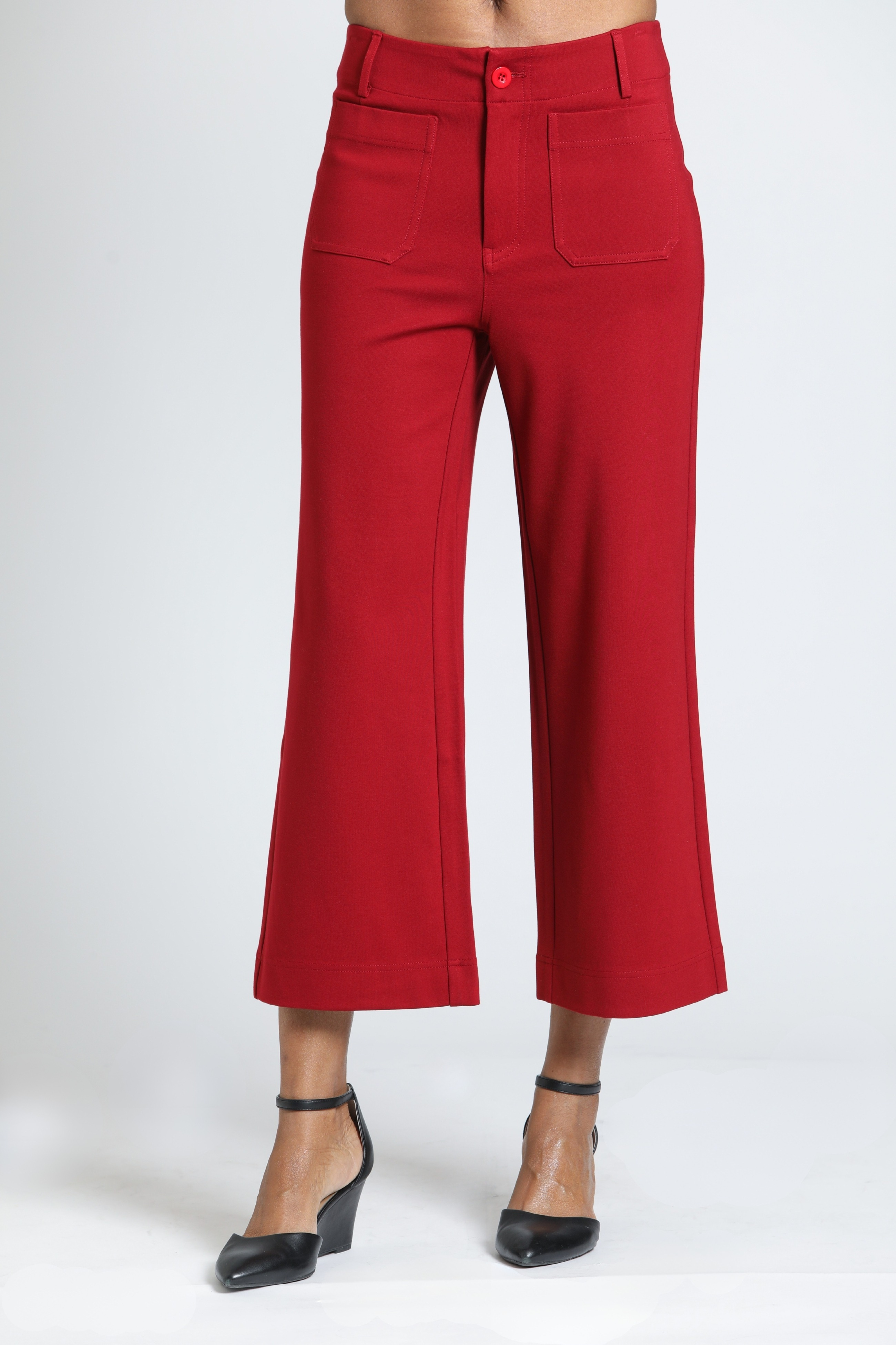 Red Velvet Ponte Cropped Wide Leg Pant with Patch Pocket