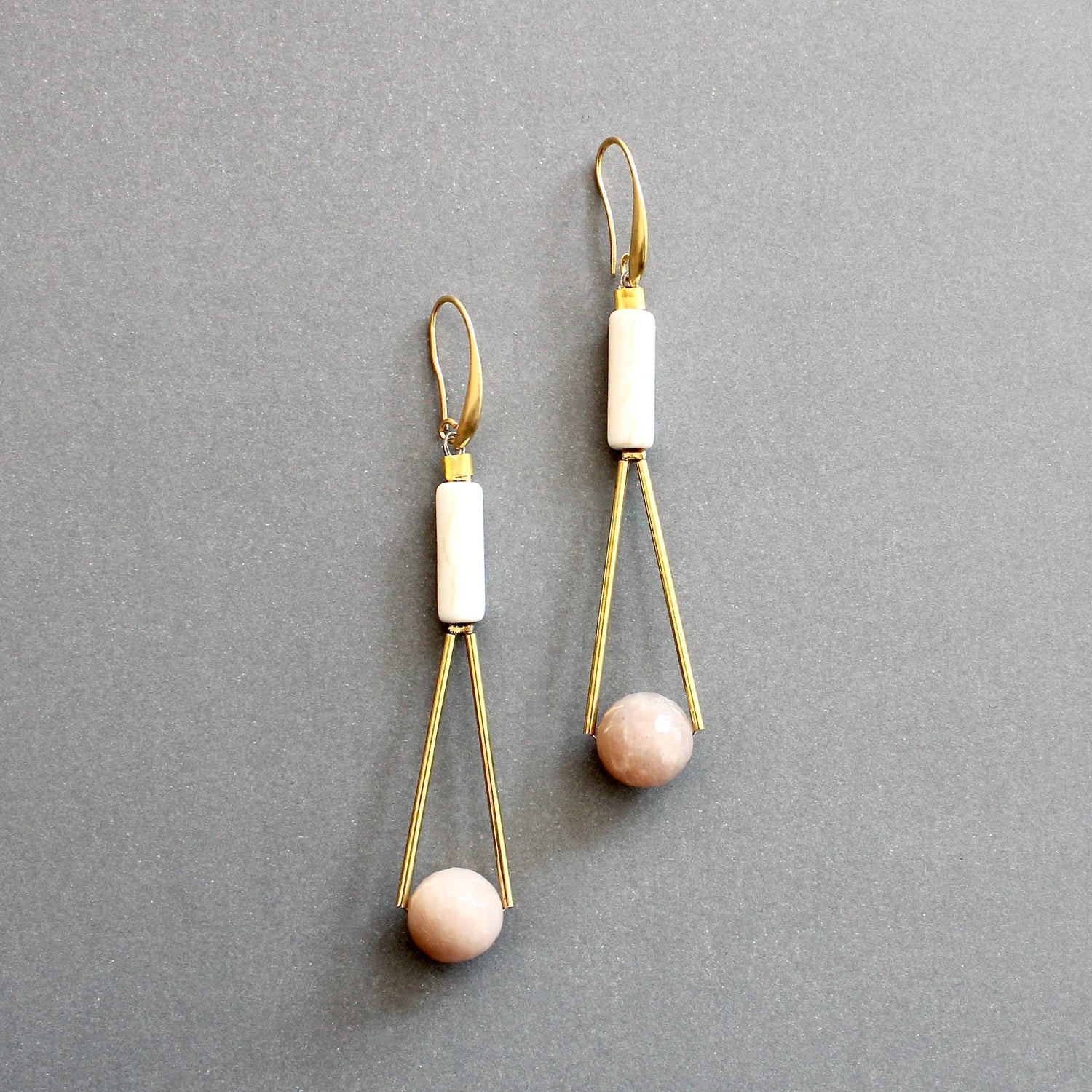 Peach Moonstone Geometric Dangle Earrings