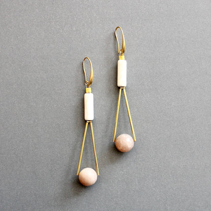 Peach Moonstone Geometric Dangle Earrings