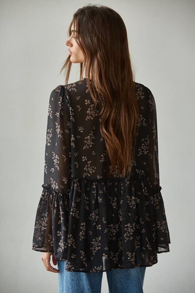 Woven Polyester Chiffon See Through Floral Blouse with Ruffle Trim Detail