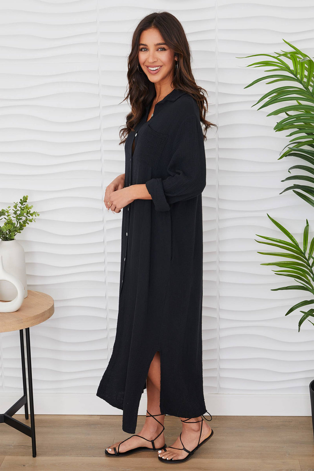 Long Sleeve Cotton/Linen Gauze Maxi Shirt Dress