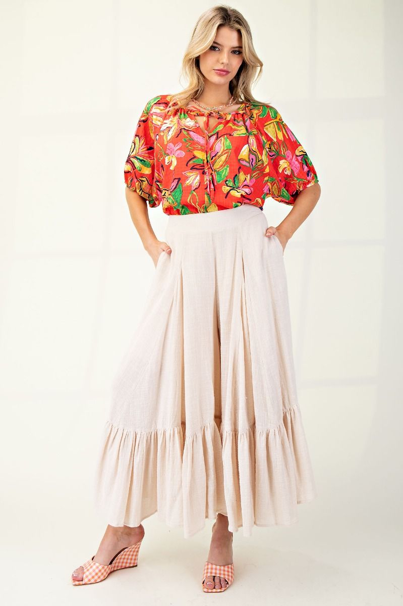 Ruffle Bottom Rayon Linen Wide Palazzo