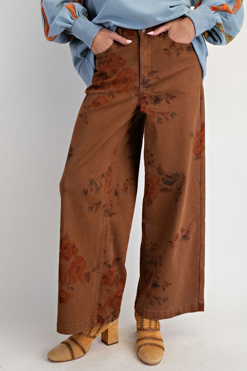 Flower Print Stretch Washed Twill Pants