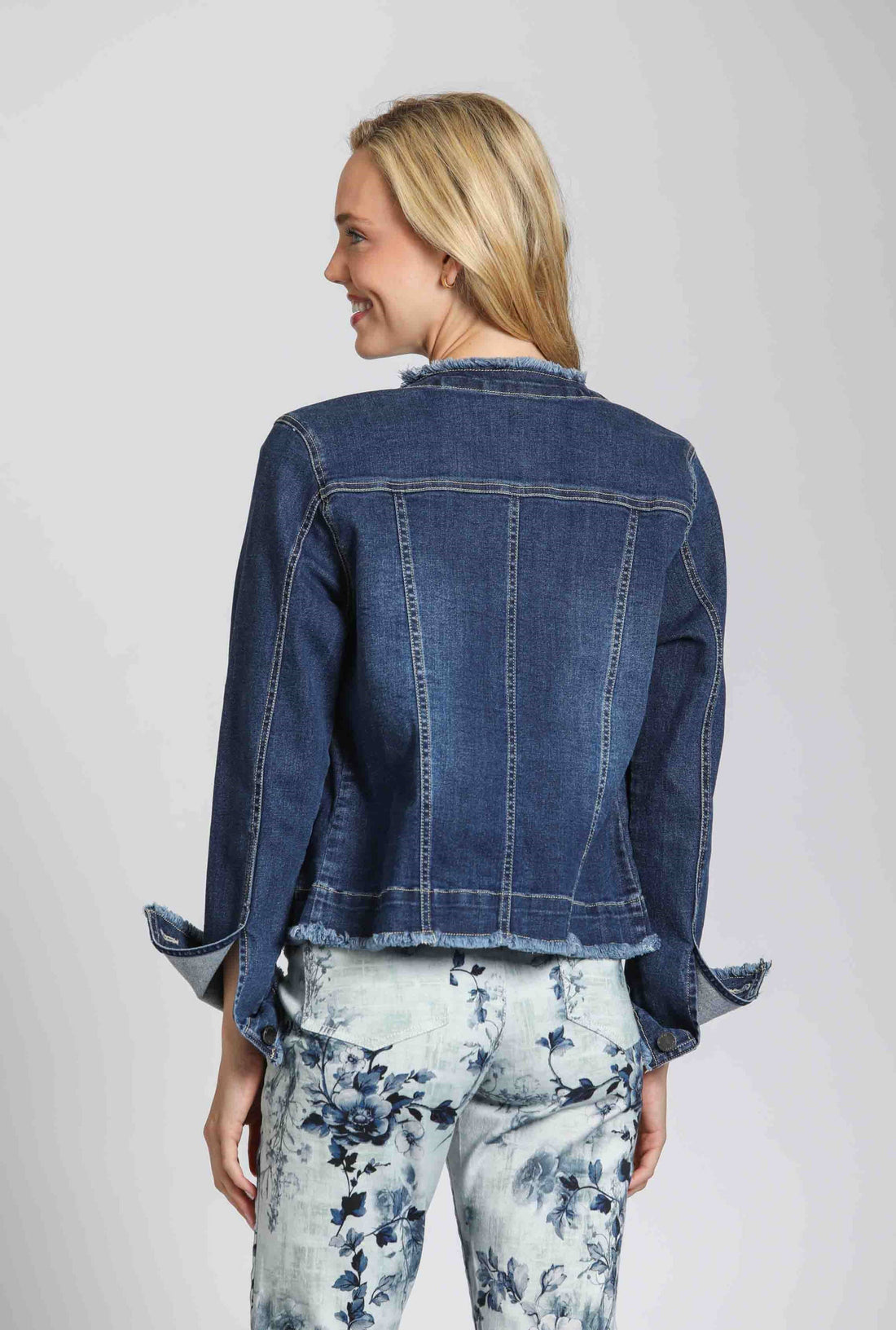 Collarless Jean Jacket With Frayed Detail